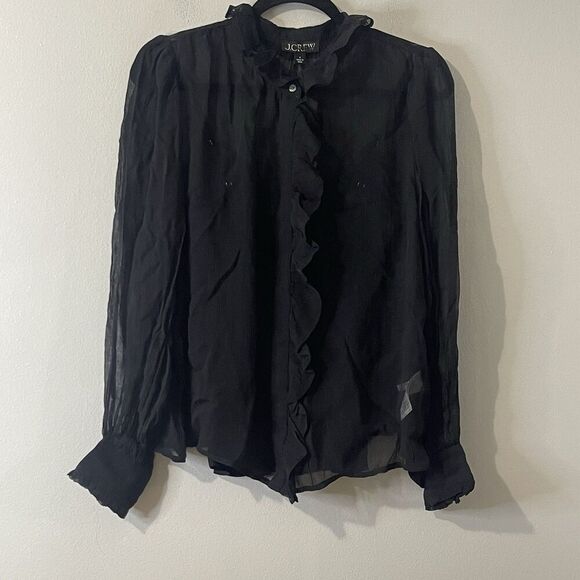 J.CREW Ruffle Button-up Shirt in Crinkle Chiffon Size 4 Black NEW Modern CF436 - Picture 2 of 16